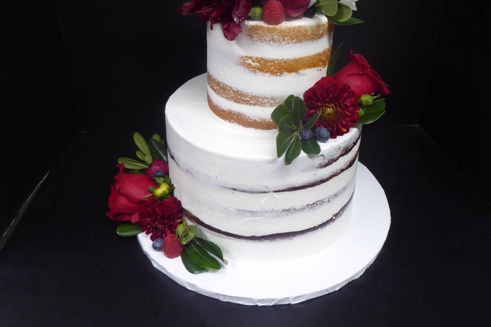 2 tier Semi Naked cake with fresh burgundy and white flowers