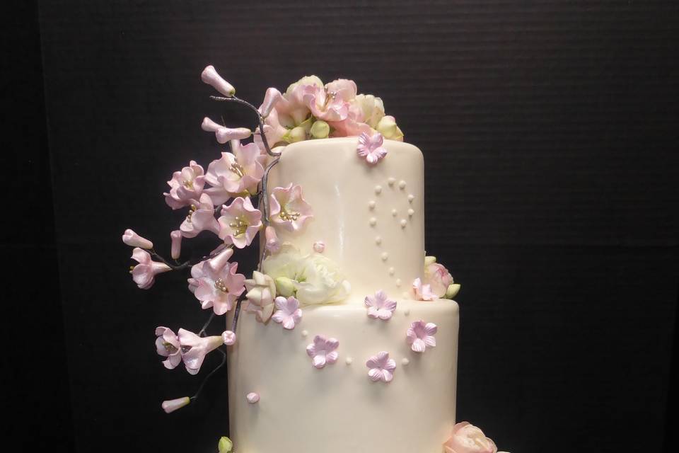 3 tier blush fondant with sugar cherry blossoms