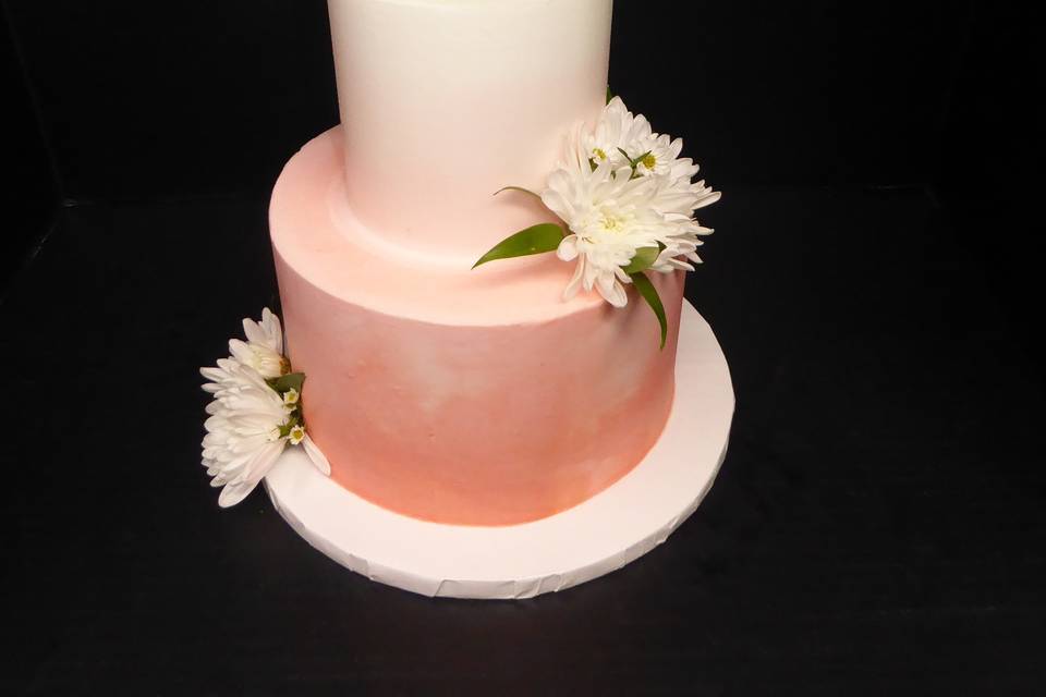 2 tier white to medium blush pink ombre buttercream with fresh flowers