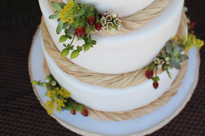 3 tier fondant cake with twisted raffia border, succulents and other rustic greenery