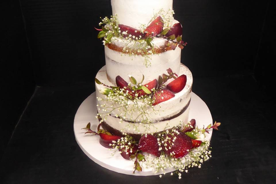 Semi naked cake with babies breath and fresh plums