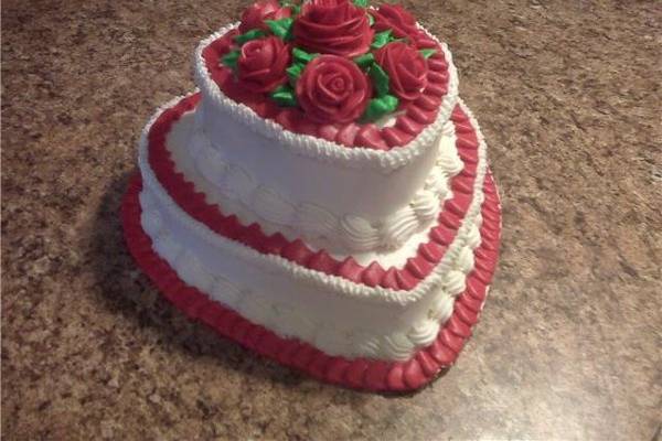 Hearts and Roses - 2-tier stacked heart shaped cake. Easily can be upsized to 3 or more tiers with or without pillars.