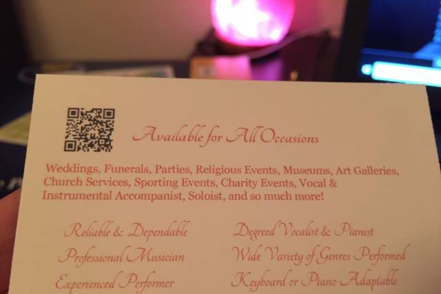 KeriAnne N. Jelinek, Pianist and Vocalist Back of Business Card