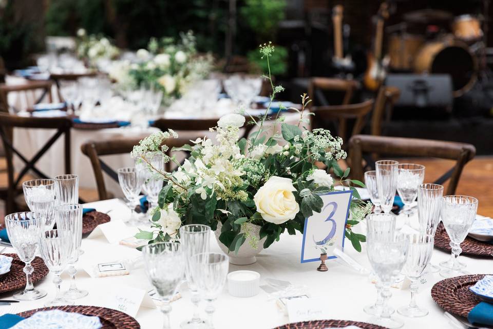 Dinner table flower arrangement