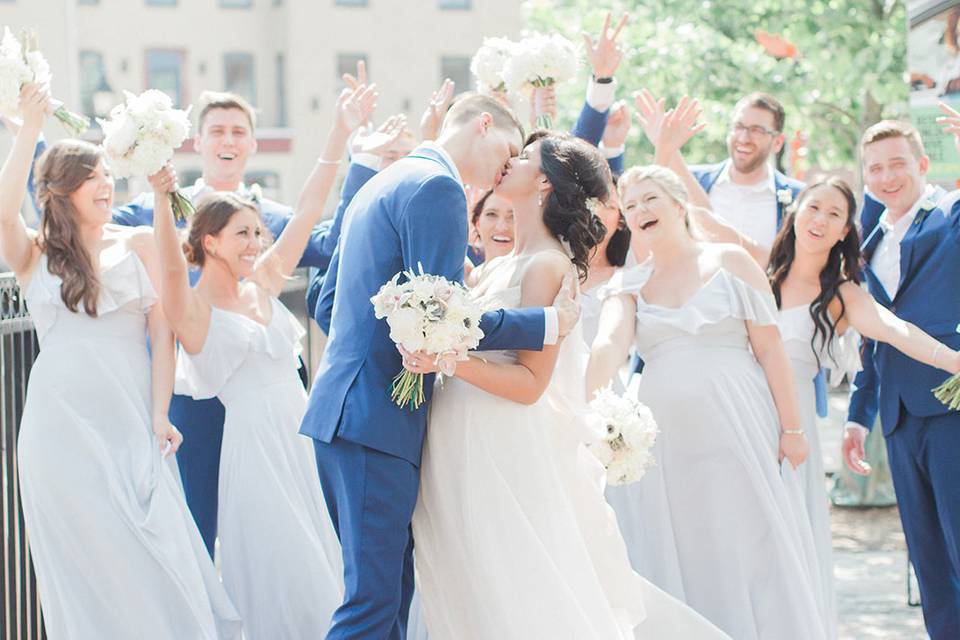 Newlyweds and wedding party