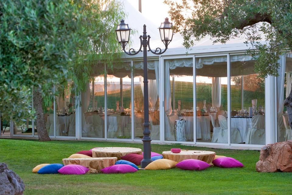 Colorful outdoor seating area