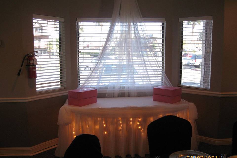 Cake Table decor of a canopy overheadd and fairy lighting making a beautiful showcase for the wedding cake