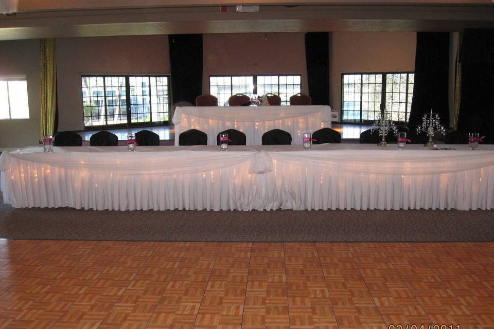 Cake Table decor of a canopy overheadd and fairy lighting making a beautiful showcase for the wedding cake