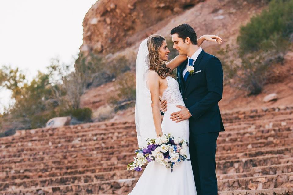 Newlyweds pose outside