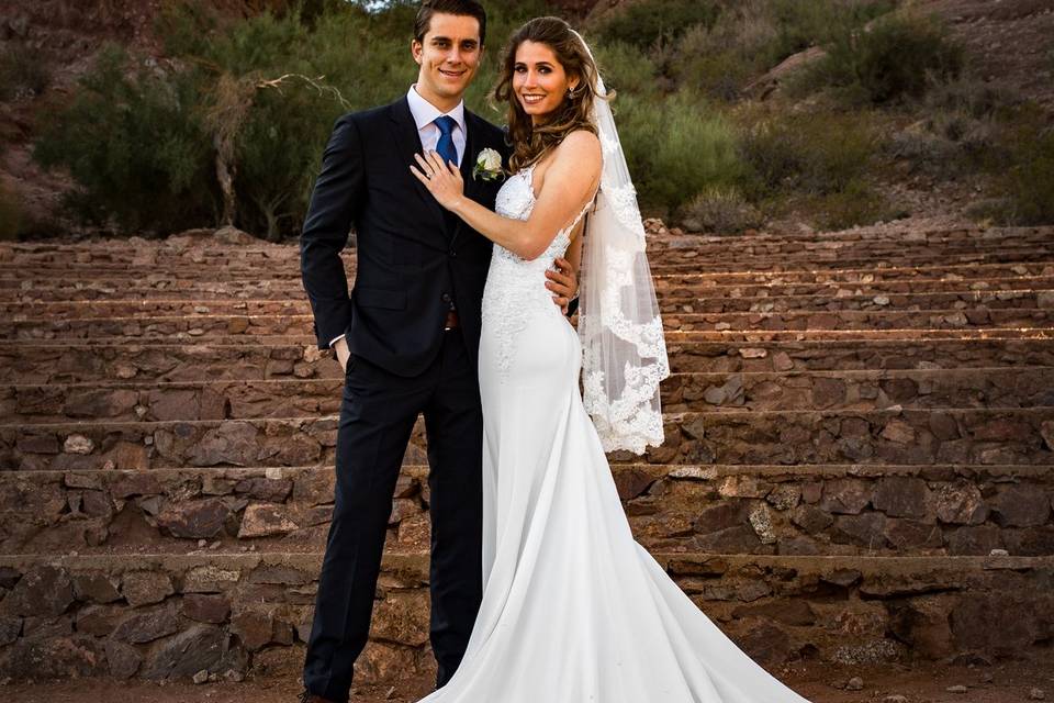 Newlyweds with mountains