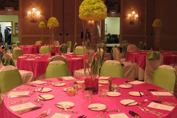 I provide chair covers, chair ties and table clothes as well as the flowers for your special day.