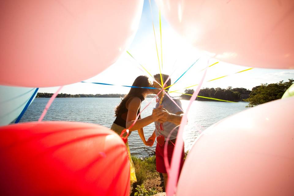 Quiet Waters whimsical Engagement photos with balloons.