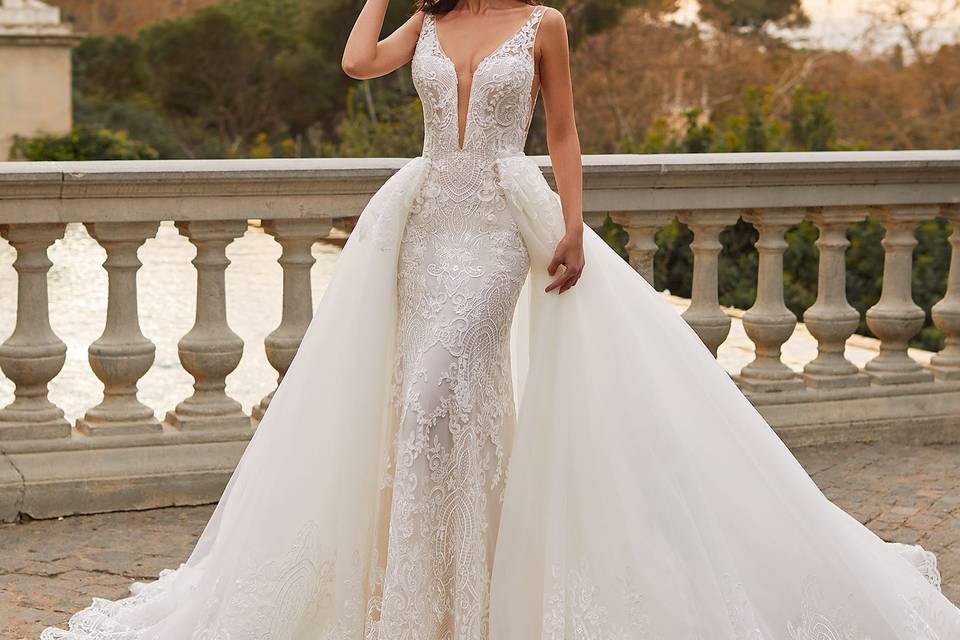 Fitted lace gown with overskirt