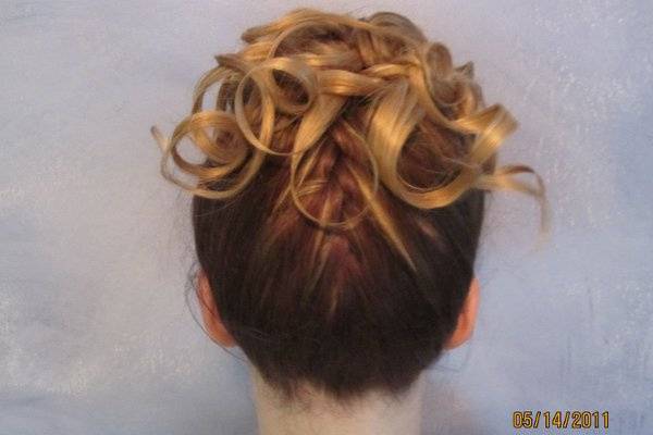 Hair   Upside down French Braid with Ribbon curls to last tightly all day , night and next day.  Very elegant look