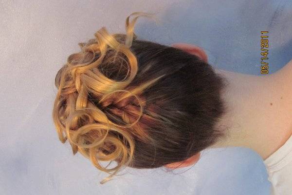 Elegant up side down French Braid  with thin ribbon flowing curls