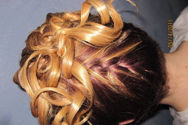 upside down french braid with ribbon curls twisted into each other and hanging   Very Elegant