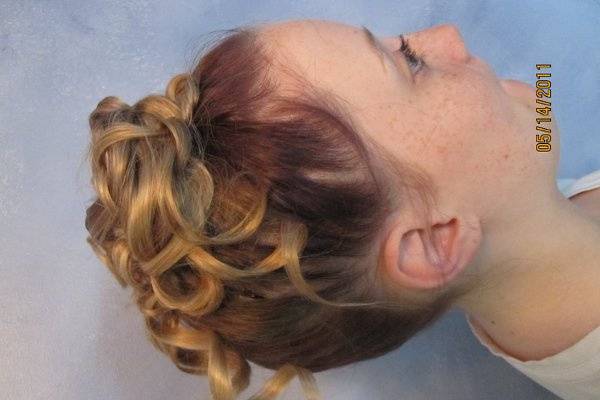 Elegant upside down French Braid with Ribbon curls wrapped into each other and hanging through each other