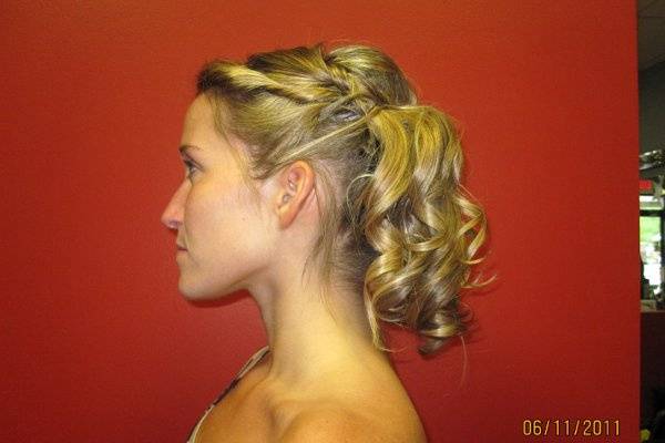 Maid of Honor.  small braids twists pulled up with hanging 6 figure curls