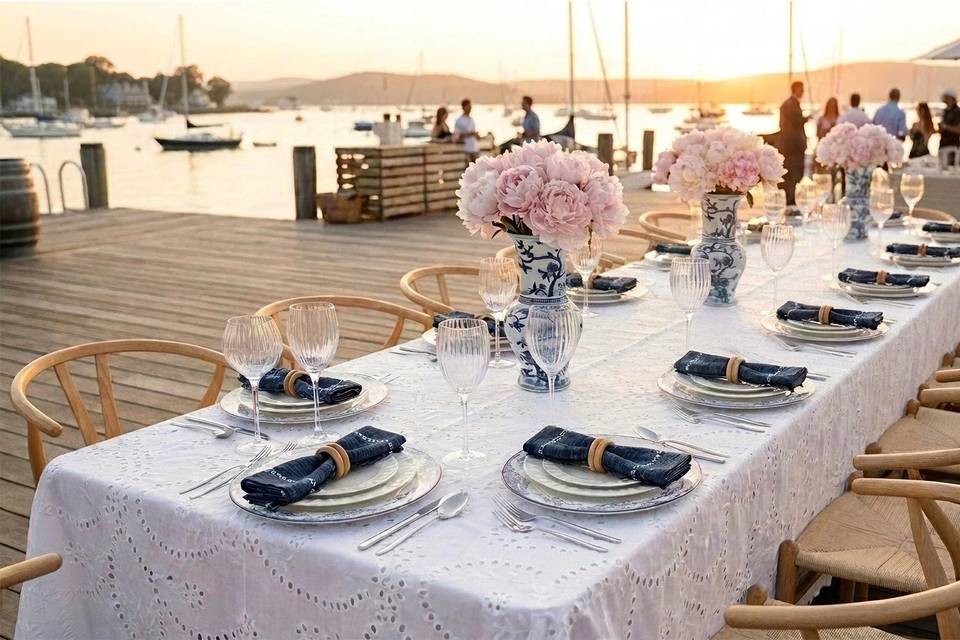 Waterfront white linen dinner
