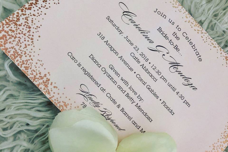 Copper Foil pressed confetti detail Shower Invitation
