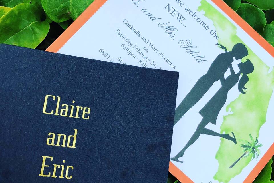 Personalized Gold Foil napkins and a Fun Meet and Greet the NEW couple invitation