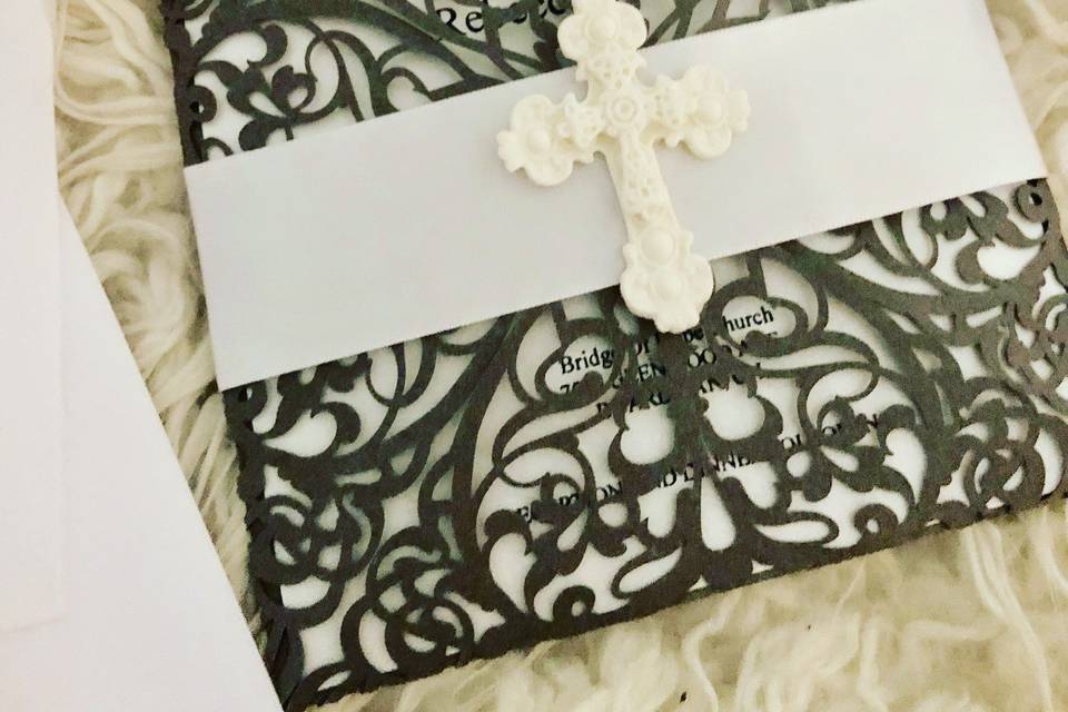 Square Laser Cut Invitation embellished with Satin Ribbon and Custom Cold Porcelain Cross