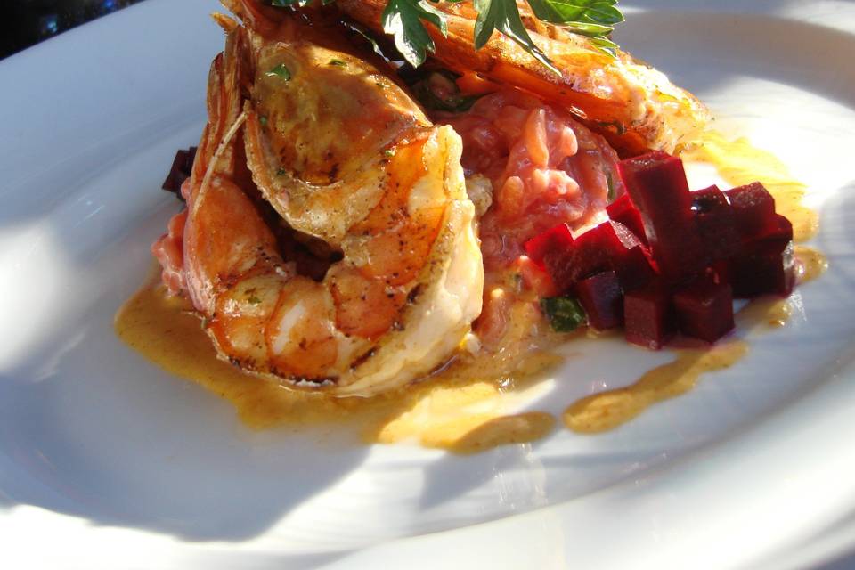 Sautéed Prawns with Roasted Beet Risotto