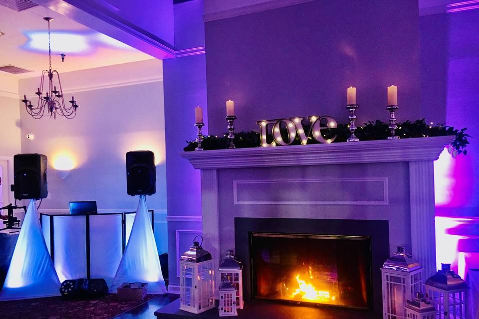 Fireplace and DJ setup