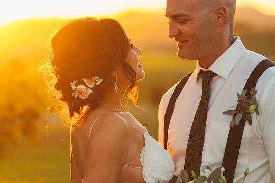 Bride and groom at sunset