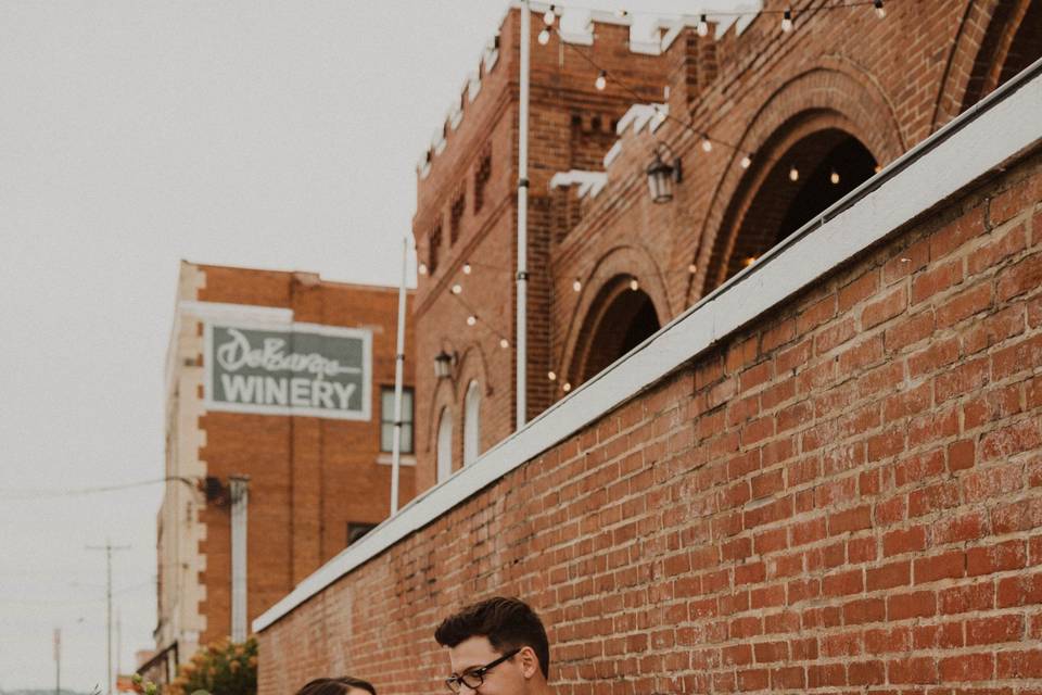 Bride and groom take a stroll