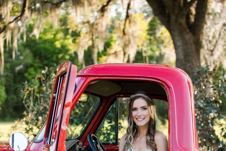 Bride in Red Truck