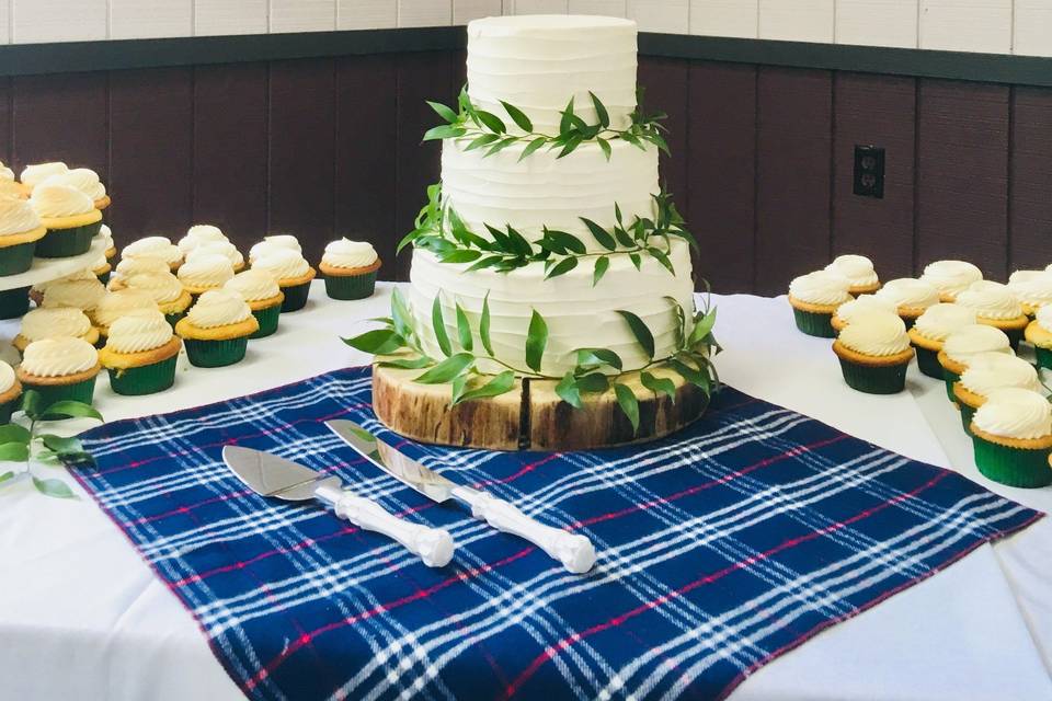 Simple tiered cake & cupcakes