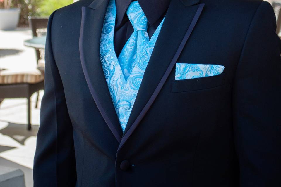 Blue tie and waistcoat