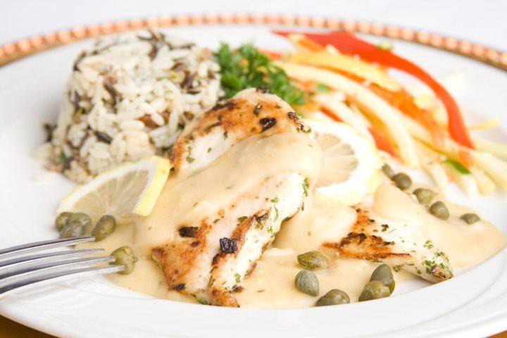 Chicken piccata with wild rice and veggies