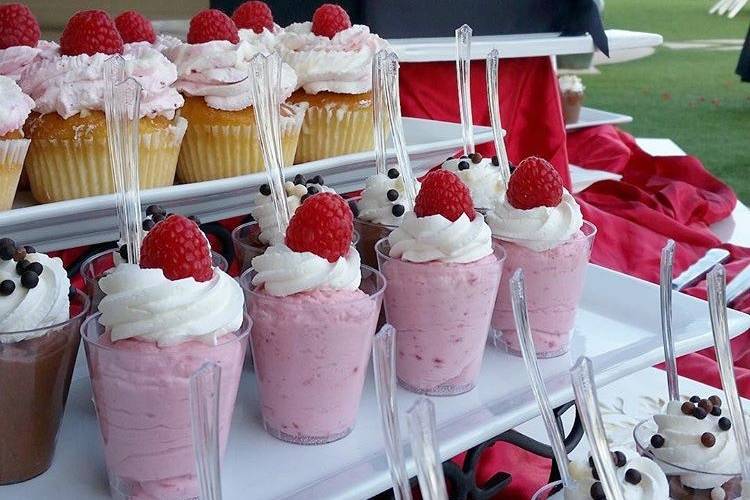 Wedding cake, raspberry genoise cupcakes & raspberry shooters