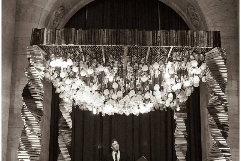 Chris Shelley, warming up the crowd before a wedding at the New York Public Library.