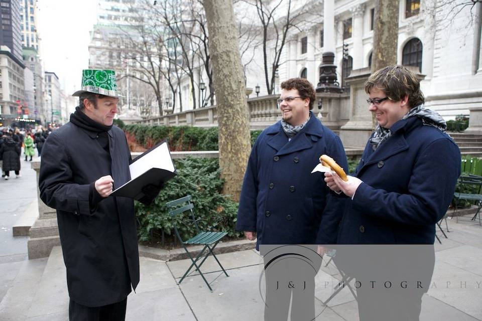 I led Trevor & Evan on a 'Wedding Walking Tour', with stops at the New York Public Library, Bryant Park, 5th Avenue, and Rockefeller Center. We did each part of their ceremony at a different stop along the tour. At Rockefeller Center, we had a group of onlookers cheering.