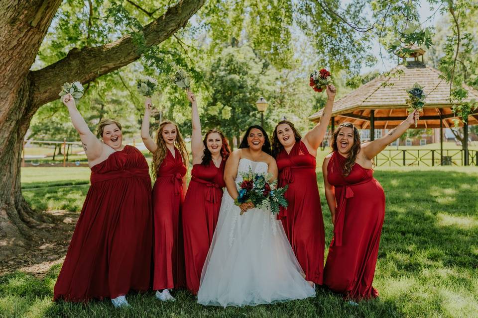Bridal party in red gowns