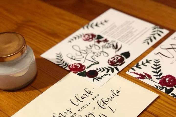 Dip pen calligraphy addressed envelopes and custom invitation suite