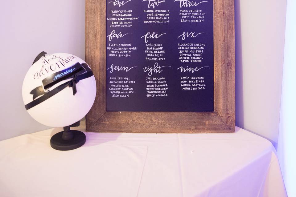 Hand-lettered chalkboard seating chart. Photo by Andrew Do Photography.