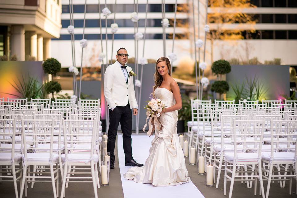 Bride & Groom on the Plaza Level Outdoor Terrace.