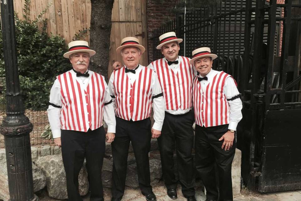 Barbershop quartets, provided by Twisted Mustache. We have more than 20 years of singing experience. Hire our barbershop quartets for your next party or event. We sing barbershop at wedding, company store openings and more