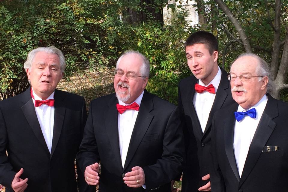 barbershop quartets are provided by Twisted Mustache. Our barbershop quartets love to sing at weddings and especially cocktail hours. Call us for a FREE quote, to hire a barbershop quartet today