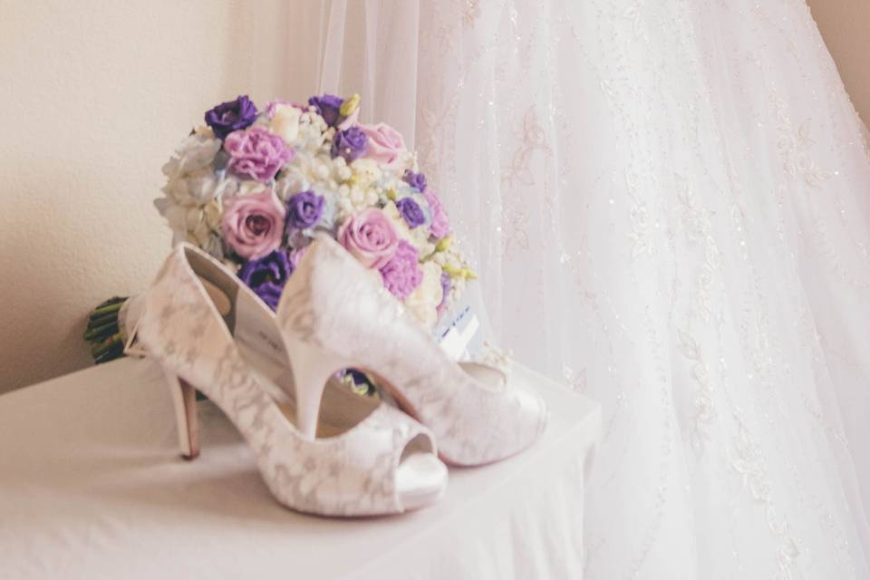 Dress, shoes, and bouquet