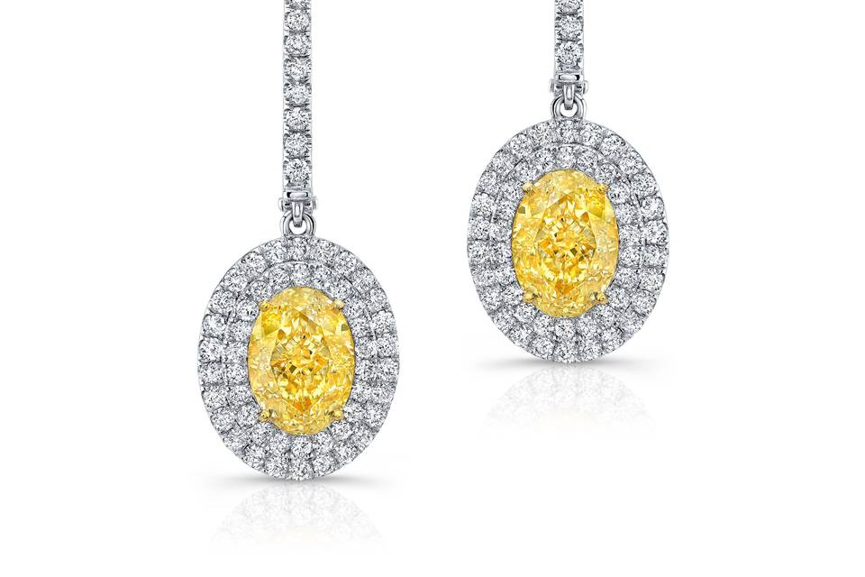 Hand Made Fancy Yellow Diamonds Earrings made with perfectly matched Ovals