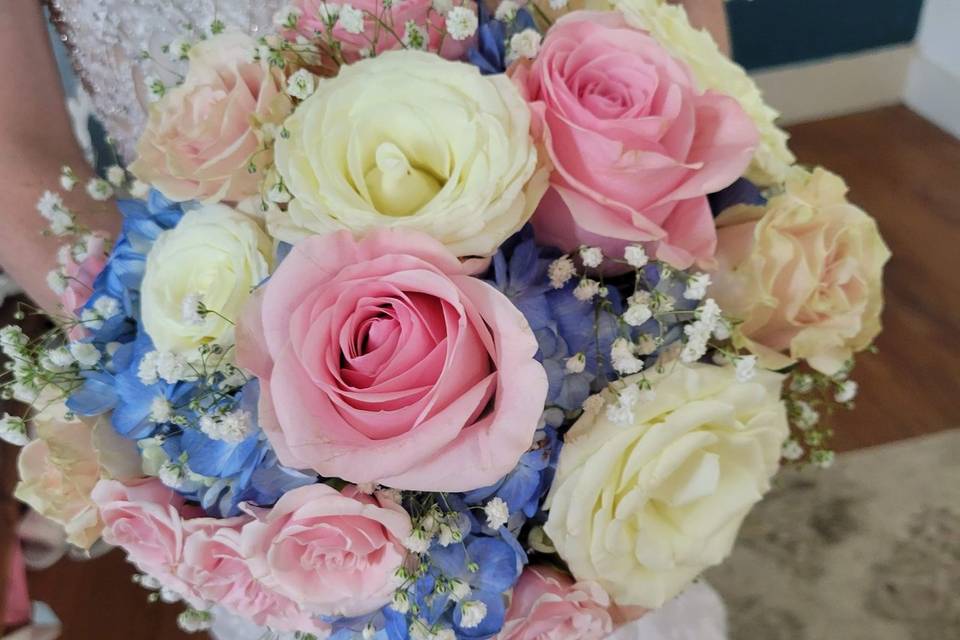 Pink blue white bridal bouquet