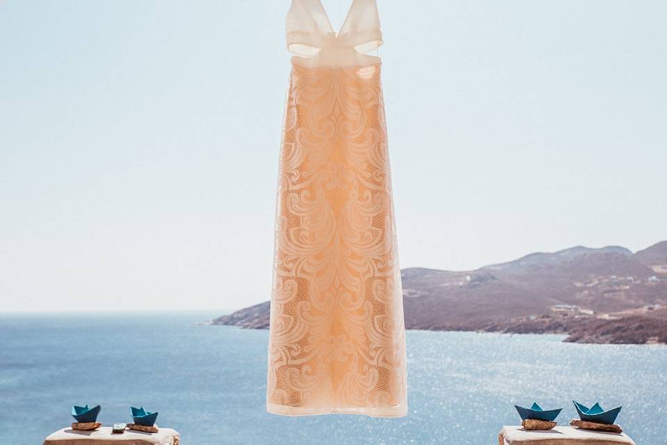 Wedding dress shot against island backdrop