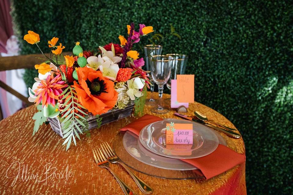 Paper flowers and place card