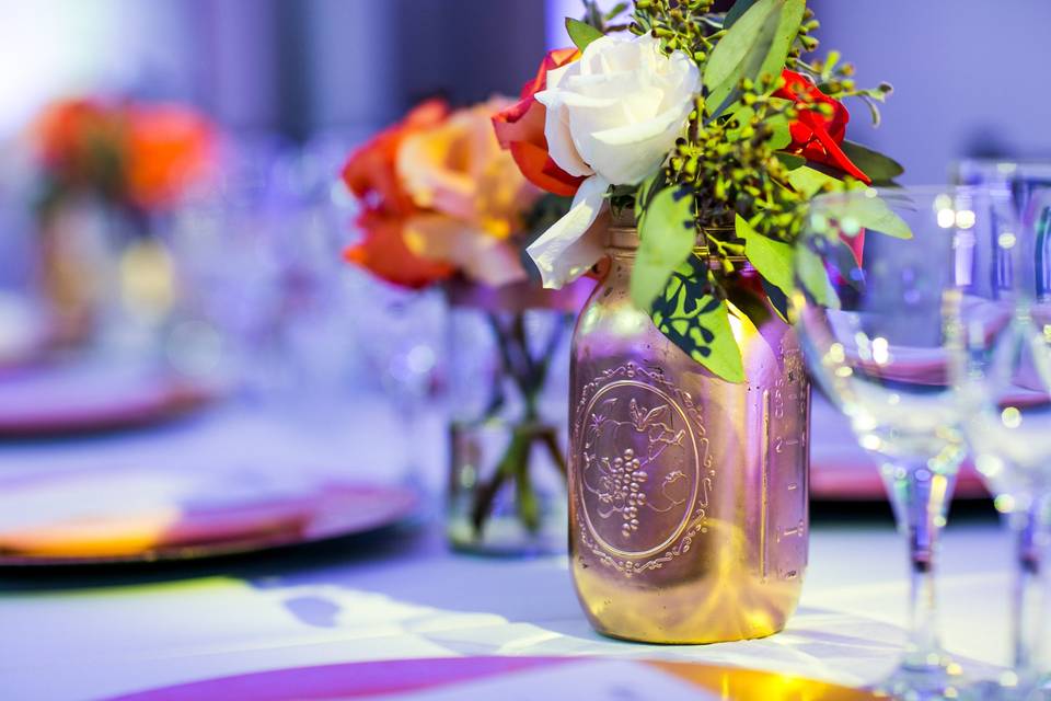 Gold Mason Jar Floral Centerpiece. Hyemi & Augustine Korean Wedding @Joseph Korean Catholic Center (Min Studio Photography)