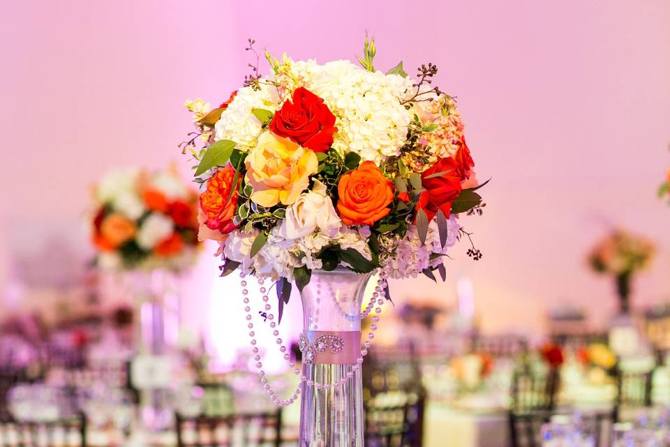 Tall Floral Centerpiece. Hyemi & Augustine Korean Wedding @Joseph Korean Catholic Center (Min Studio Photography)